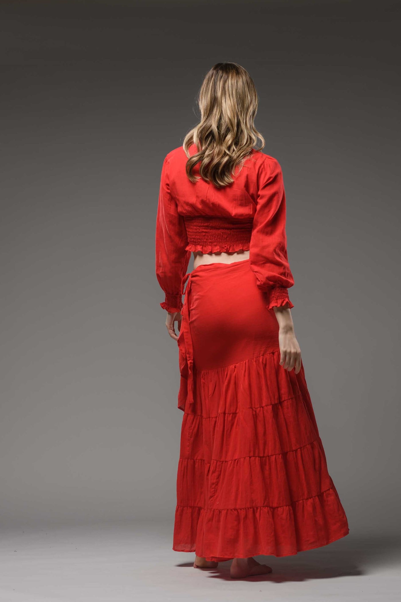 Bohemian hippie festival red cotton buttoned long sleeve crop top