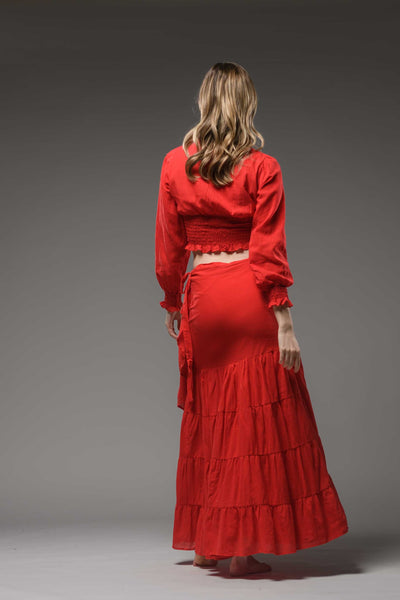Bohemian hippie festival red cotton buttoned long sleeve crop top