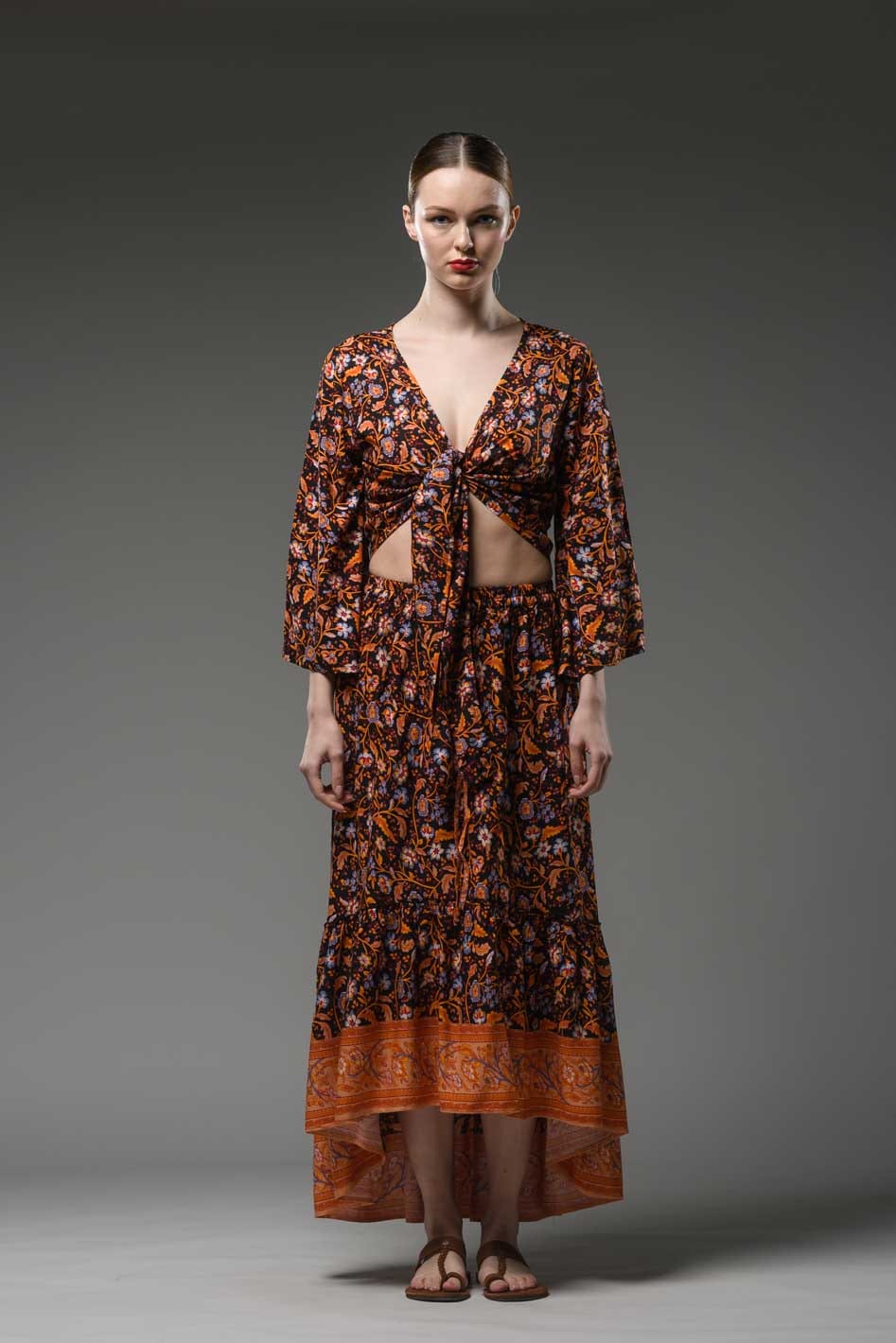 Bohemian orange flower border black print hi low hem elastic waist ruffled gypsy fashion long skirt