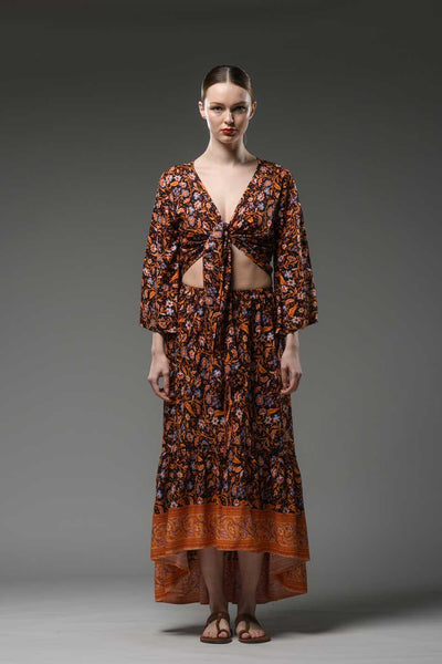 Bohemian orange flower border black print hi low hem elastic waist ruffled gypsy fashion long skirt