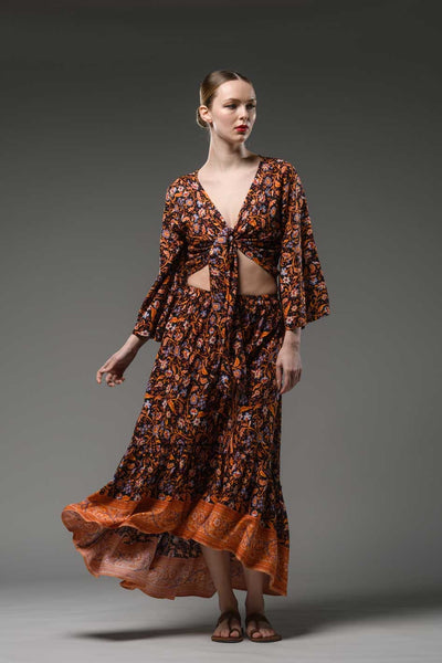 Bohemian orange flower border black print hi low hem elastic waist ruffled gypsy fashion long skirt