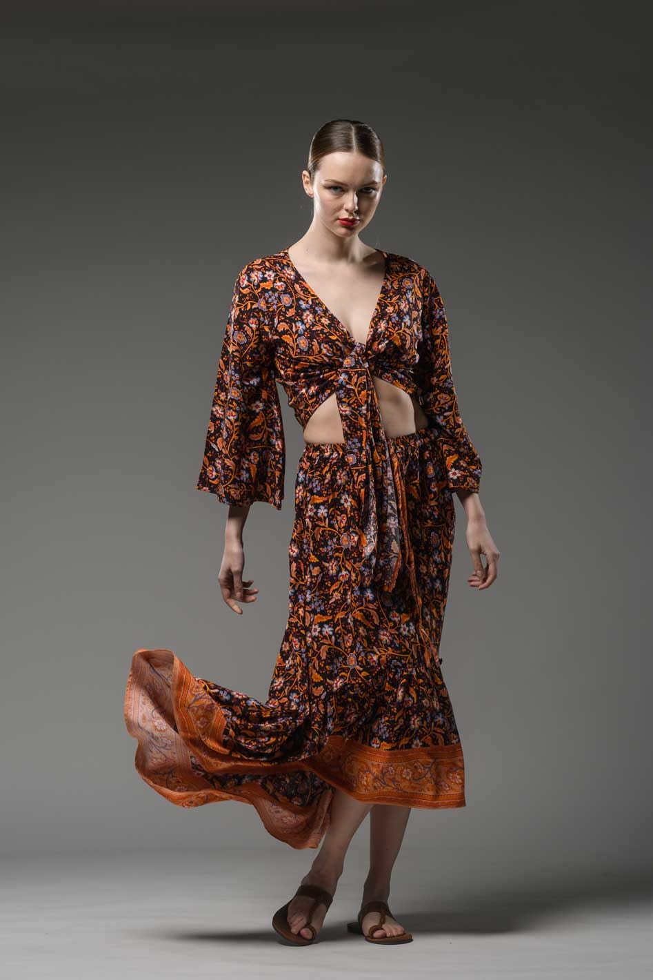 Bohemian orange flower border black print hi low hem elastic waist ruffled gypsy fashion long skirt