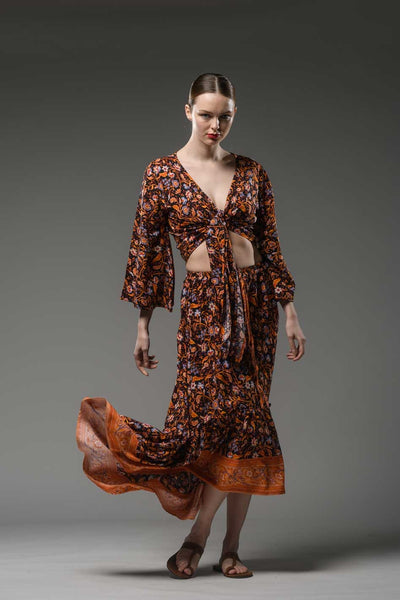 Bohemian orange flower border black print hi low hem elastic waist ruffled gypsy fashion long skirt