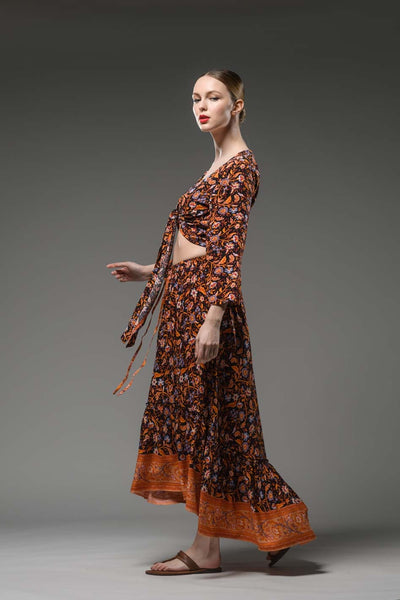 Bohemian orange flower border black print hi low hem elastic waist ruffled gypsy fashion long skirt