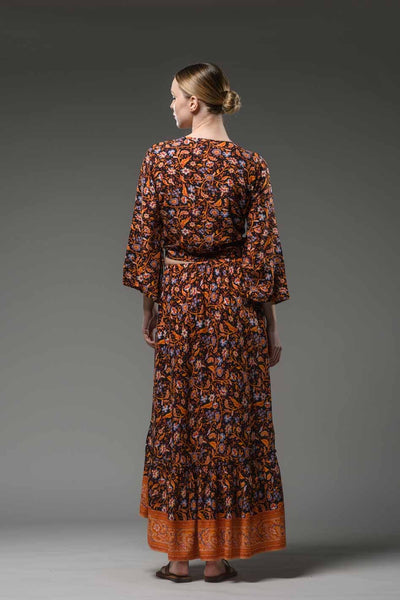 Bohemian orange flower border black print hi low hem elastic waist ruffled gypsy fashion long skirt
