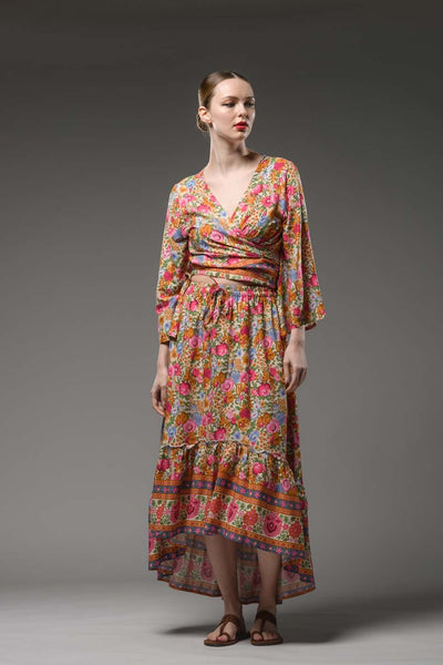 Bohemian pink flower border print hi low hem elastic waist ruffled gypsy fashion long skirt