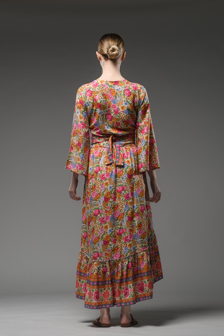 Bohemian pink flower border print hi low hem elastic waist ruffled gypsy fashion long skirt