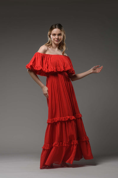 Hippie elegant double layer off the shoulder red cotton maxi dress