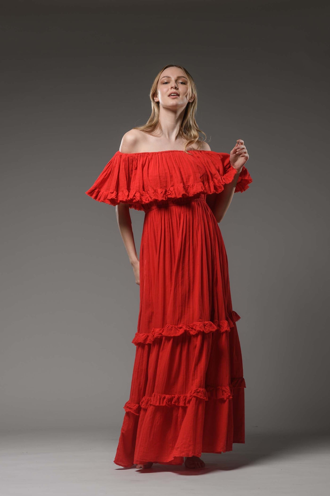 Hippie elegant double layer off the shoulder red cotton maxi dress