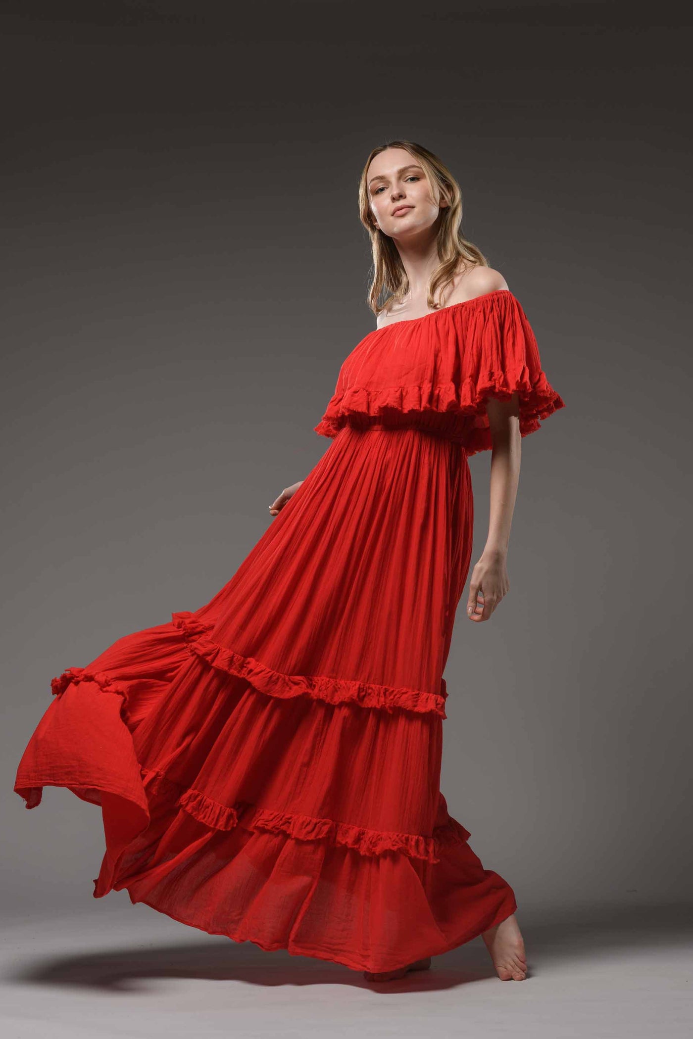 Hippie elegant double layer off the shoulder red cotton maxi dress