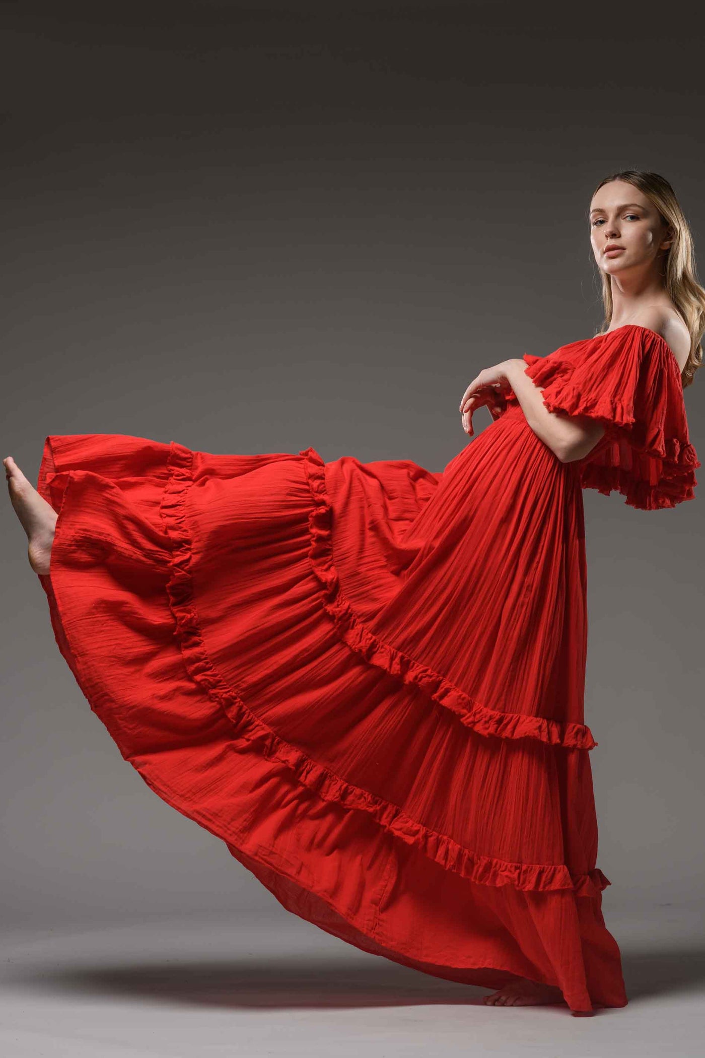 Hippie elegant double layer off the shoulder red cotton maxi dress
