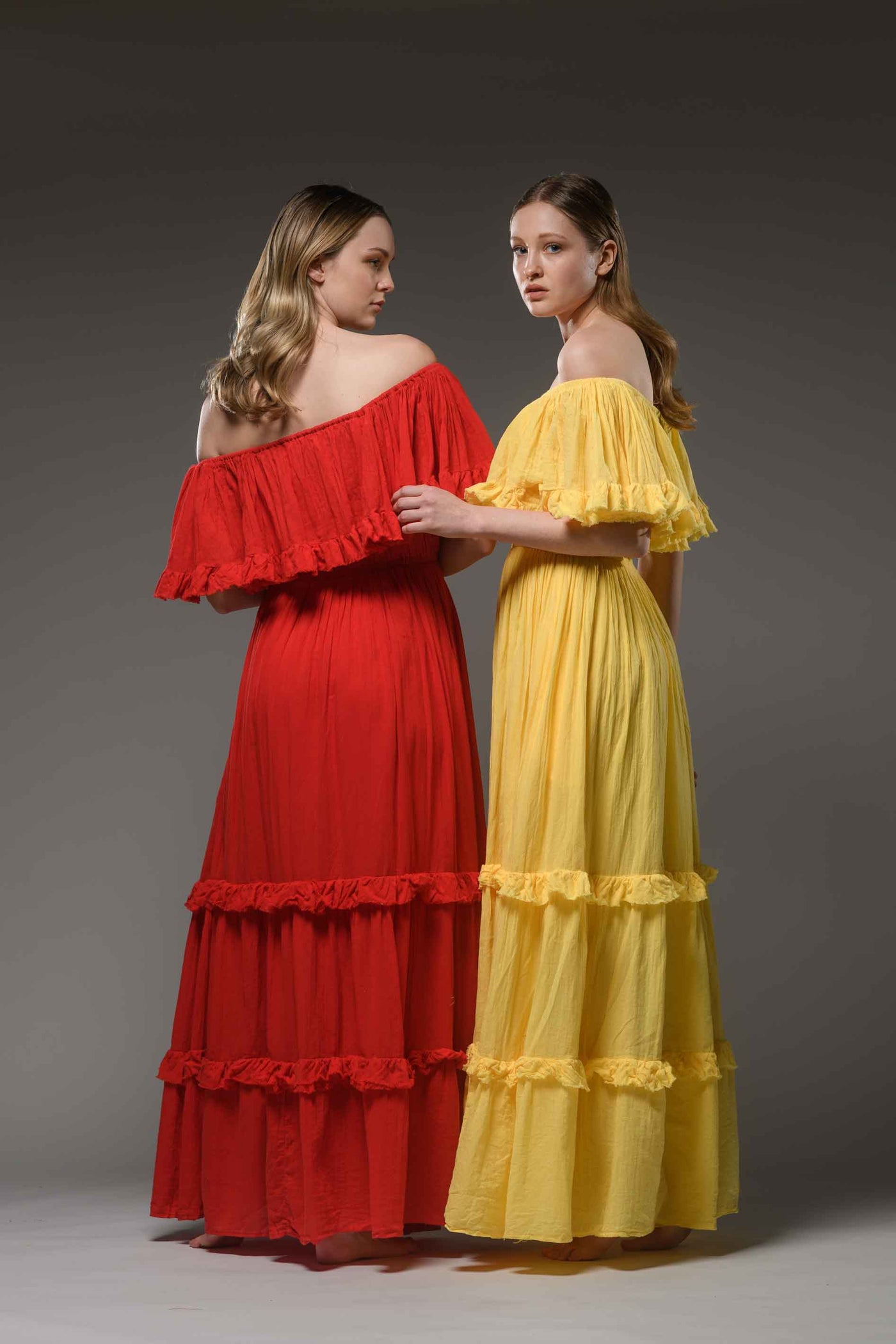 Hippie elegant double layer off the shoulder red & yellow cotton maxi dresses