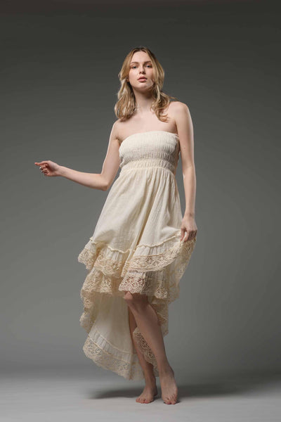 Bohemian strapless smocked bodice asymmetric lace detail finish cotton dress cream