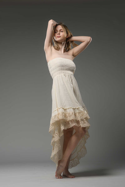 Bohemian strapless smocked bodice asymmetric lace detail finish cotton dress cream