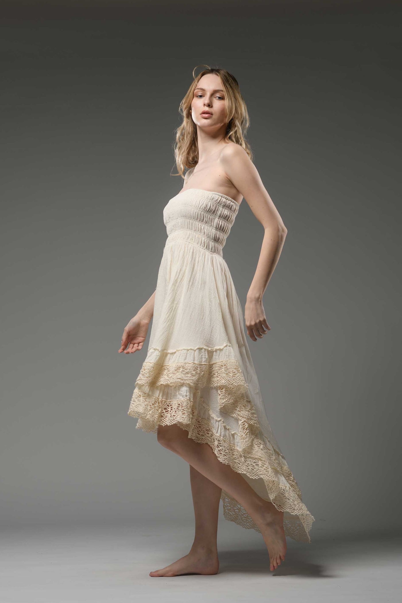 Bohemian strapless smocked bodice asymmetric lace detail finish cotton dress cream