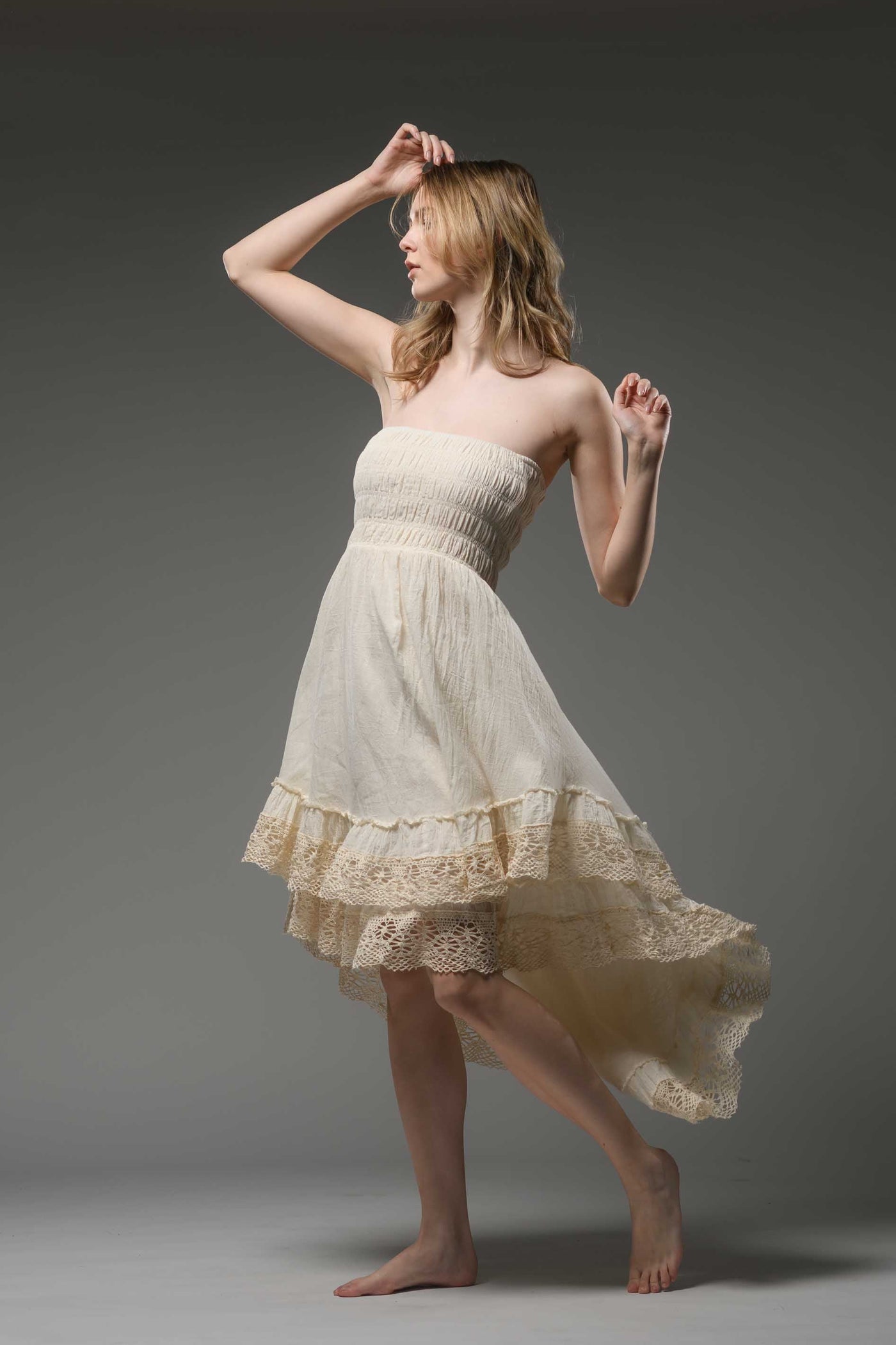 Bohemian strapless smocked bodice asymmetric lace detail finish cotton dress cream