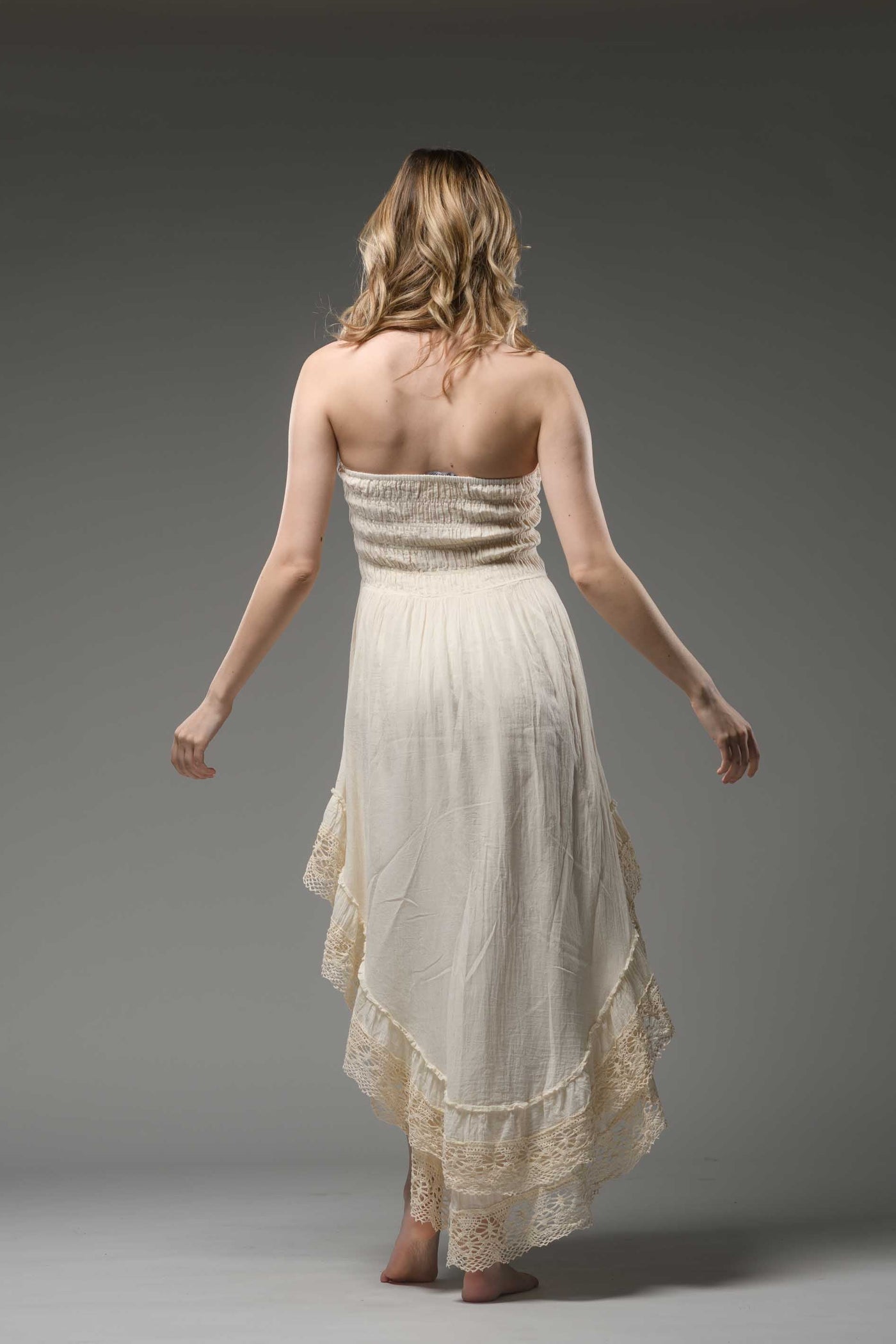 Bohemian strapless smocked bodice asymmetric lace detail finish cotton dress cream