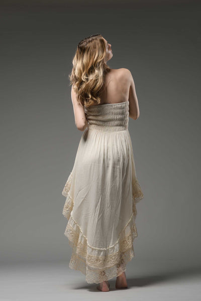 Bohemian strapless smocked bodice asymmetric lace detail finish cotton dress cream