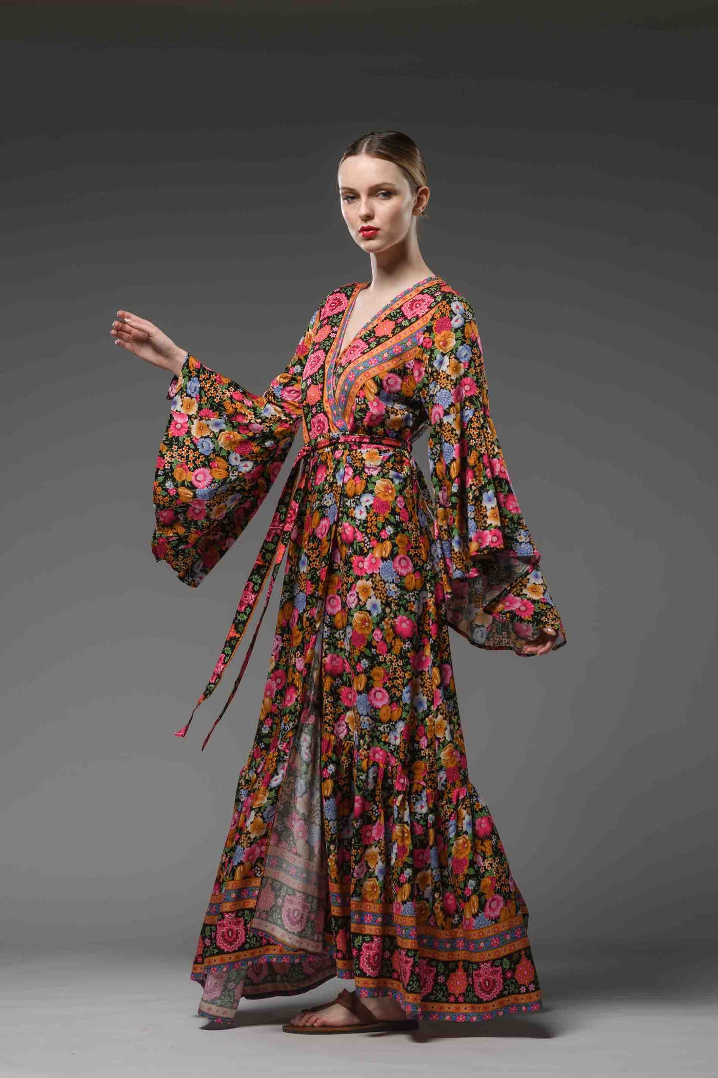 Bohemian style red floral border printed V neck ruffled self tie waist bell sleeve maxi wrap dress