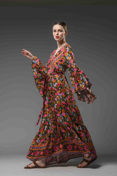 Bohemian style red floral border printed V neck ruffled self tie waist bell sleeve maxi wrap dress