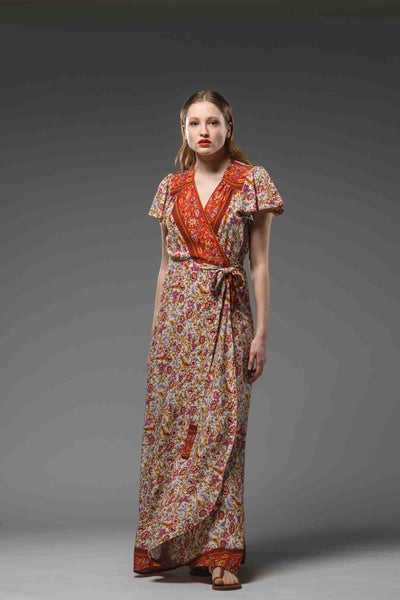 Bohemian style beige red floral border print V neck  self tie waist short sleeve maxi wrap dress