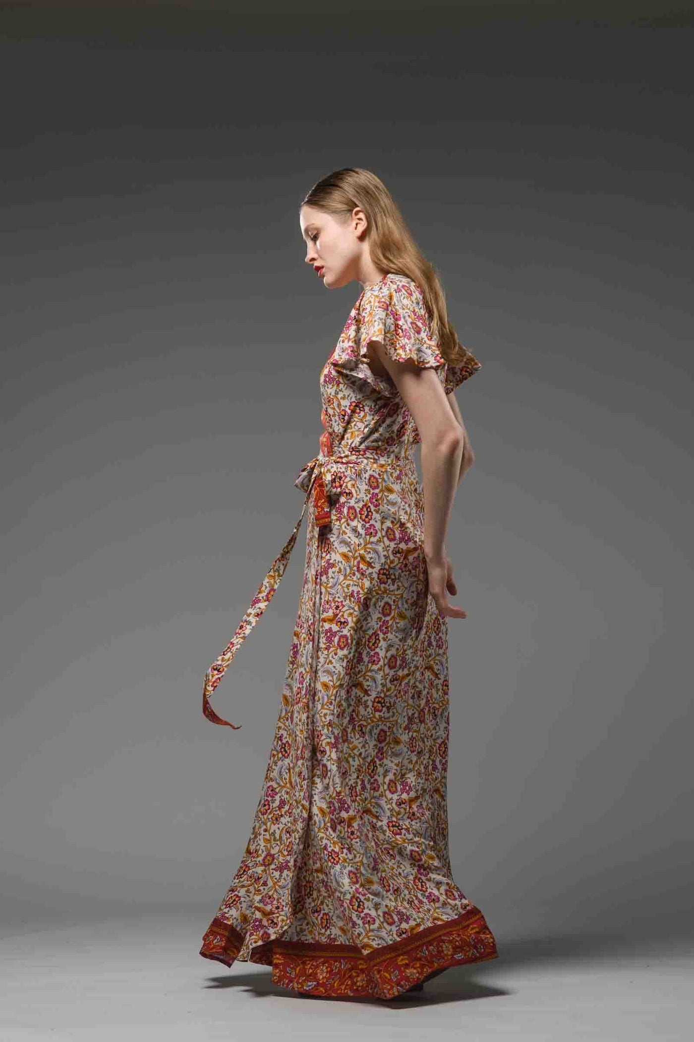 Bohemian style beige red floral border print V neck  self tie waist short sleeve maxi wrap dress