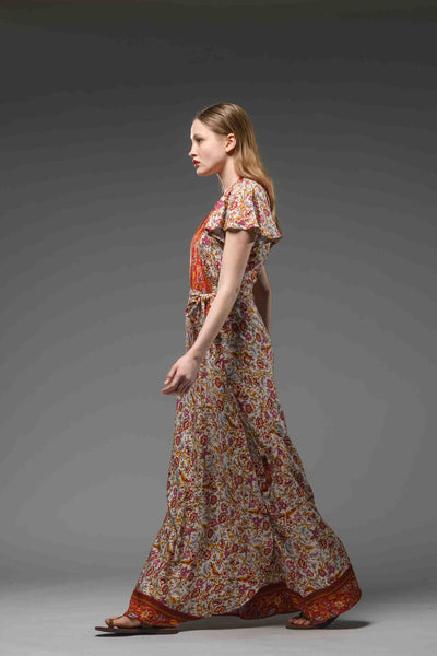 Bohemian style beige red floral border print V neck  self tie waist short sleeve maxi wrap dress