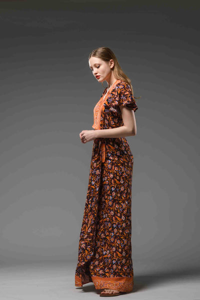 Bohemian style black orange floral border print V neck  self tie waist short sleeve maxi wrap dress