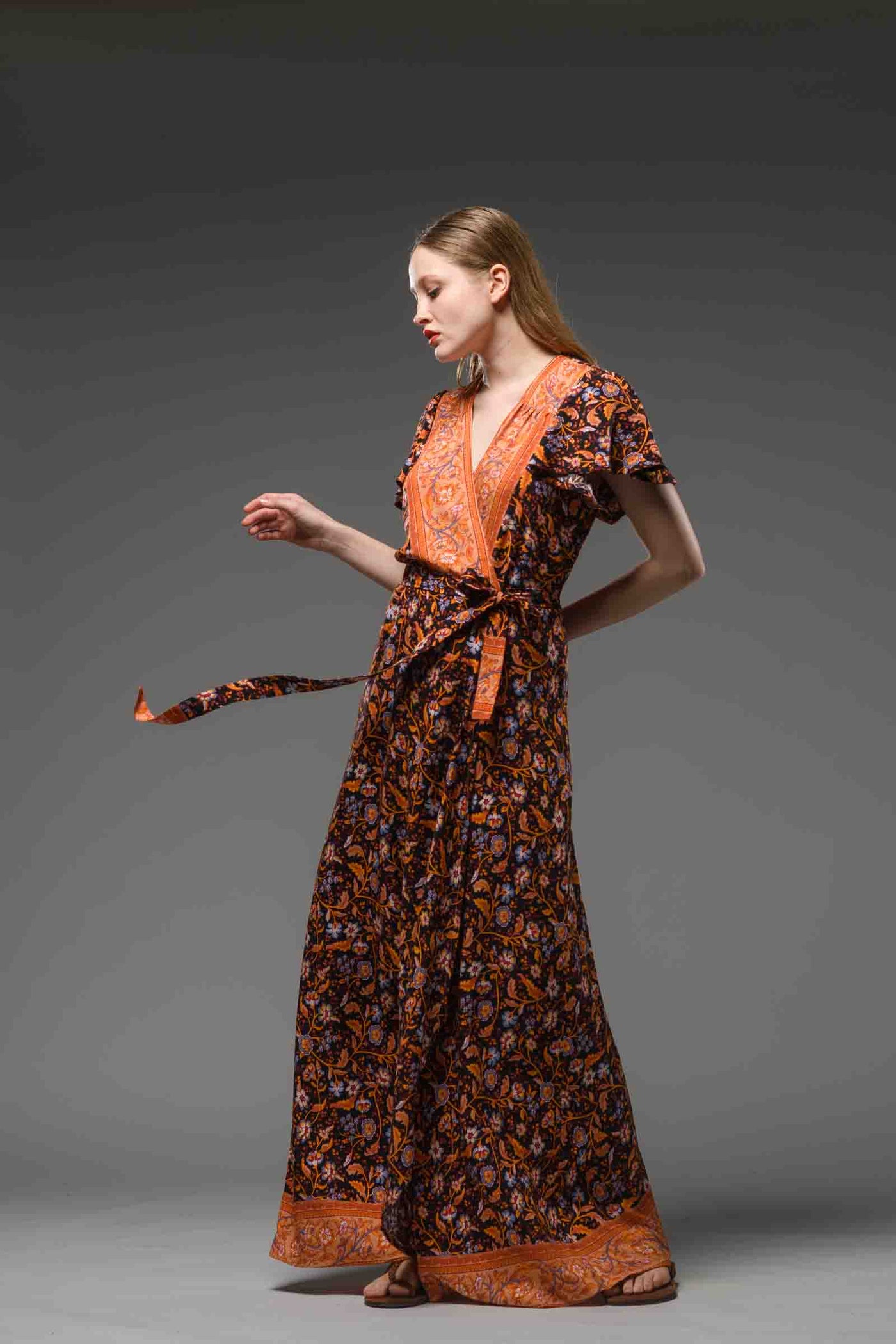 Bohemian style black orange floral border print V neck  self tie waist short sleeve maxi wrap dress