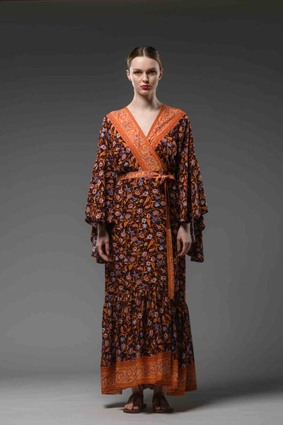 Bohemian style black orange floral border printed V neck ruffled self tie waist bell sleeve maxi wrap dress