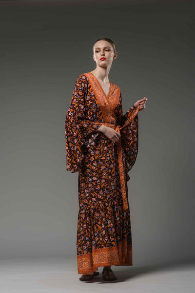 Bohemian style black orange floral border printed V neck ruffled self tie waist bell sleeve maxi wrap dress