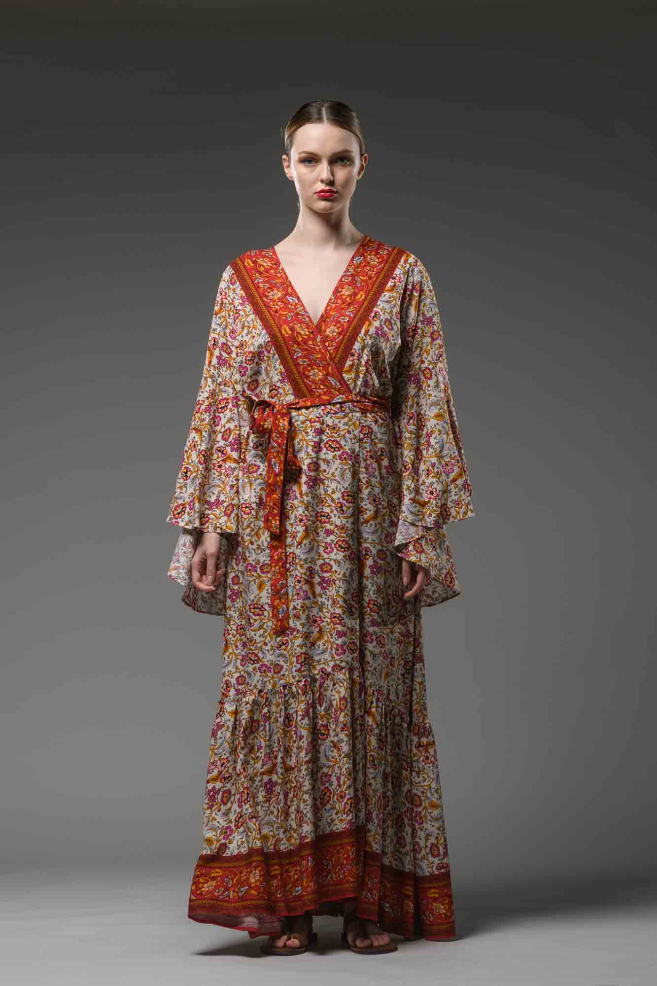 Bohemian style cream red floral border printed V neck ruffled self tie waist bell sleeve maxi wrap dress