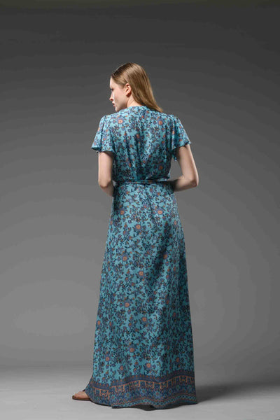 Bohemian style turquoise floral border print V neck  self tie waist short sleeve maxi wrap dress