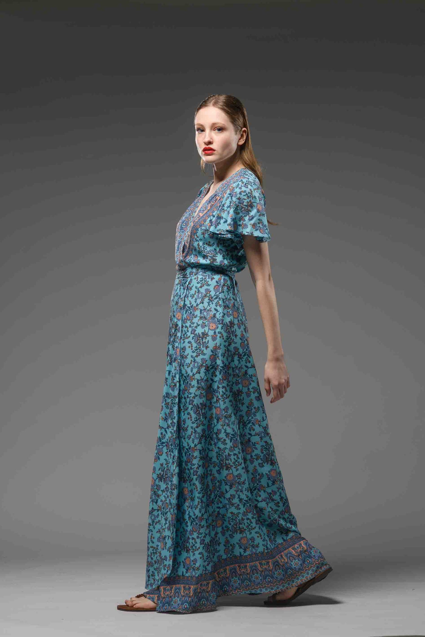 Bohemian style turquoise floral border print V neck  self tie waist short sleeve maxi wrap dress
