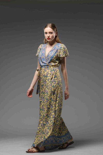 Bohemian style yellow blue floral border print V neck  self tie waist short sleeve maxi wrap dress