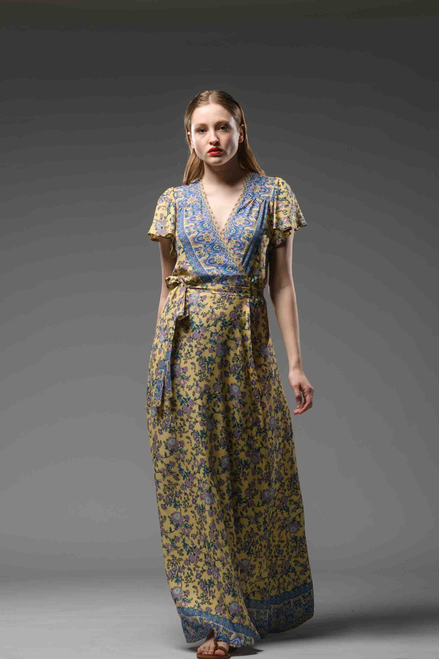 Bohemian style yellow blue floral border print V neck  self tie waist short sleeve maxi wrap dress