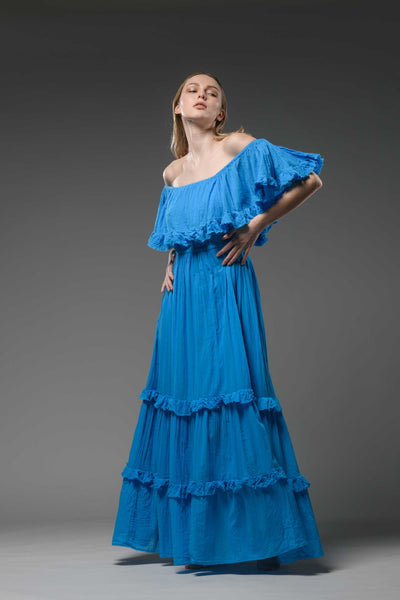 Hippie elegant double layer off the shoulder turquoise maxi dress