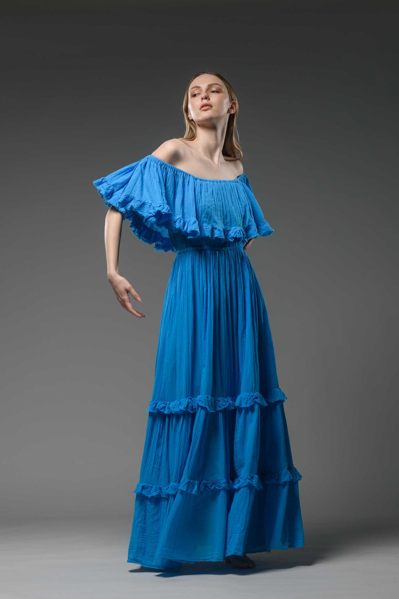 Hippie elegant double layer off the shoulder turquoise maxi dress