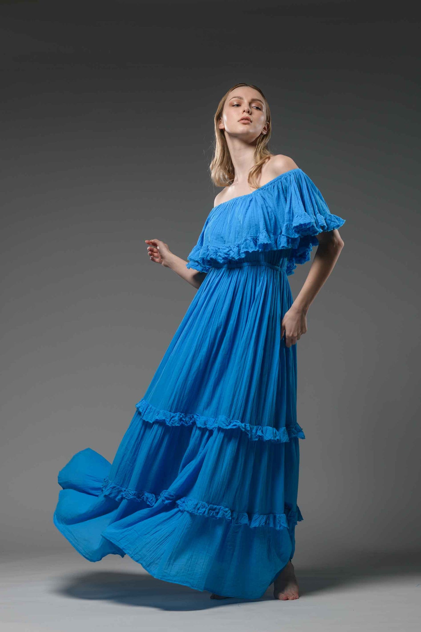 Hippie elegant double layer off the shoulder turquoise maxi dress