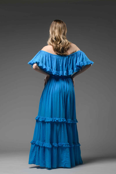 Hippie elegant double layer off the shoulder turquoise maxi dress