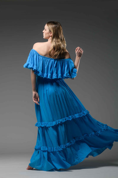 Hippie elegant double layer off the shoulder turquoise maxi dress