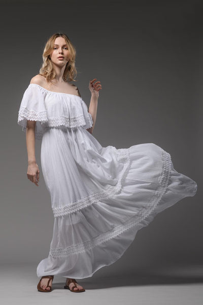 Bohemian white cotton romantic double layered open elastic round neckline long dress