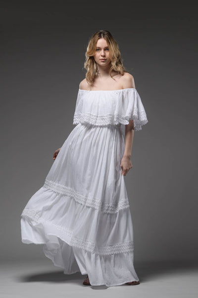 Bohemian white cotton romantic double layered open elastic round neckline long dress