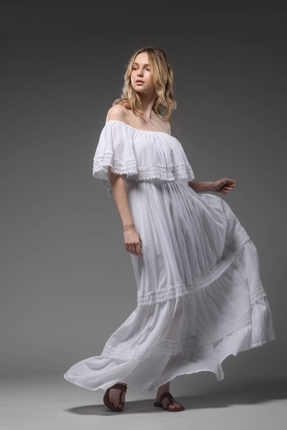 Bohemian white cotton romantic double layered open elastic round neckline long dress