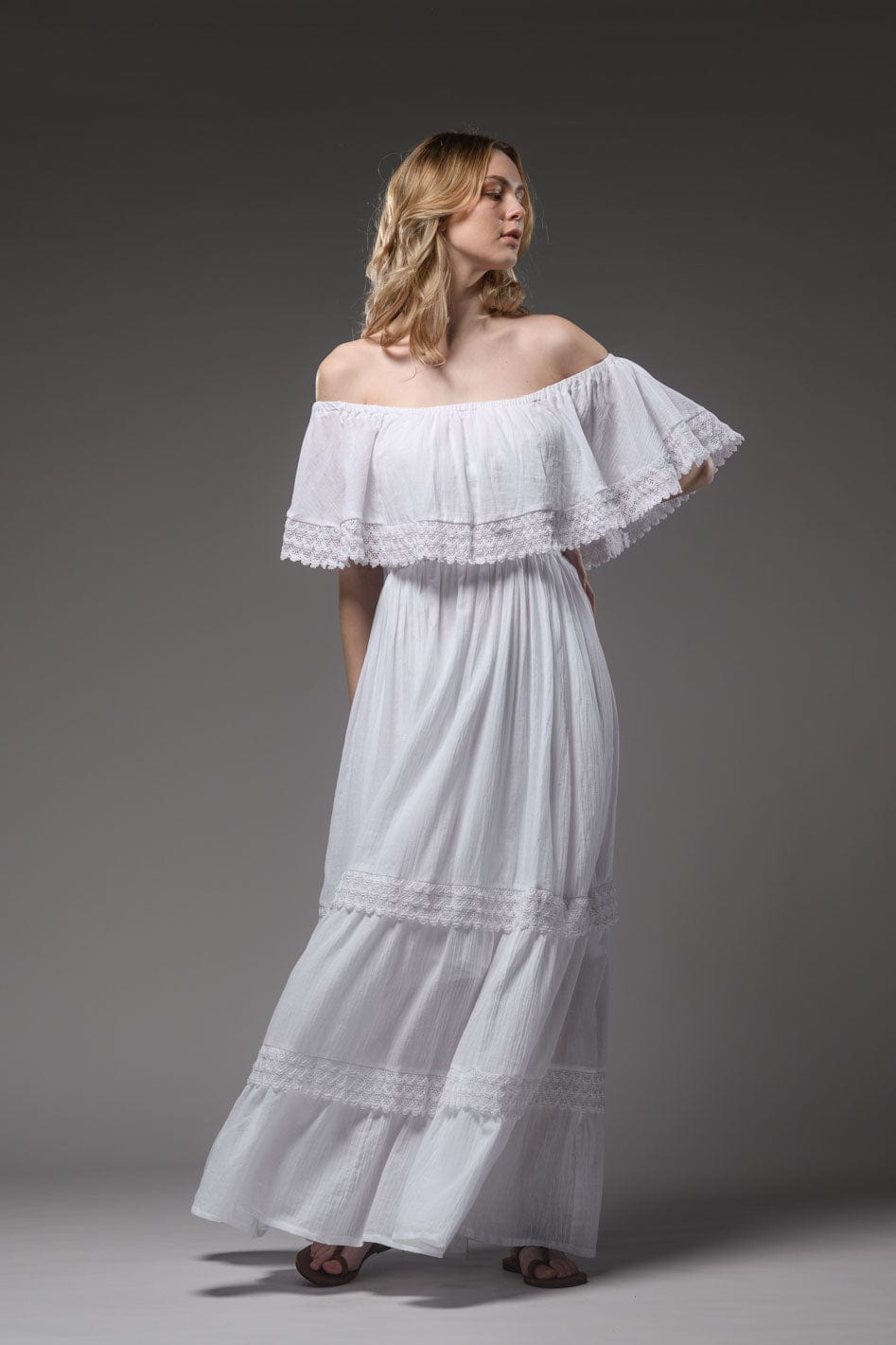 Bohemian white cotton romantic double layered open elastic round neckline long dress