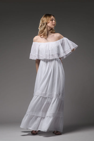 Bohemian white cotton romantic double layered open elastic round neckline long dress
