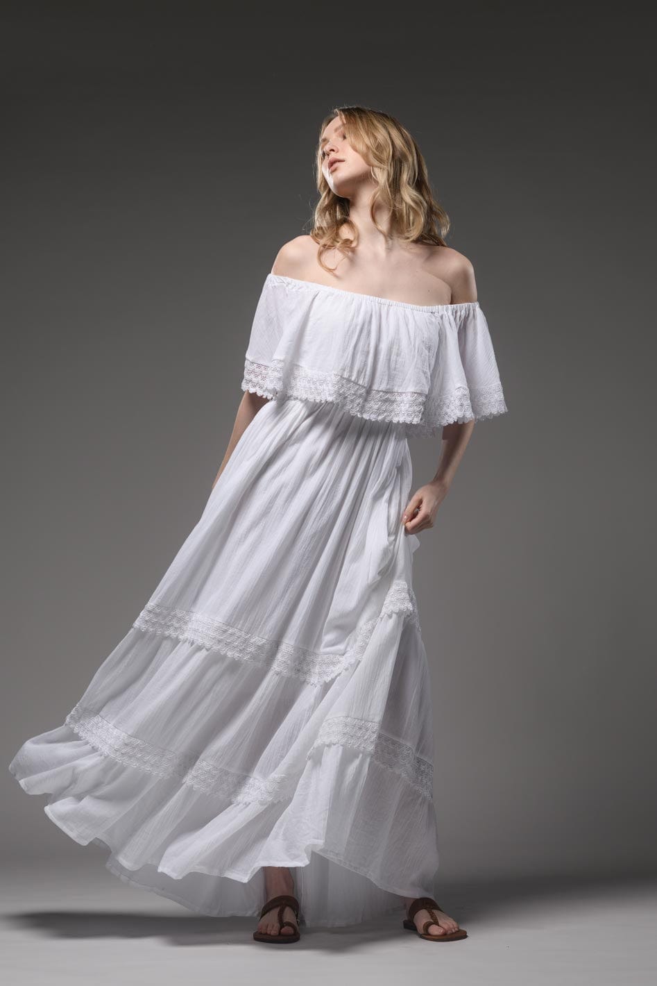 Bohemian white cotton romantic double layered open elastic round neckline long dress