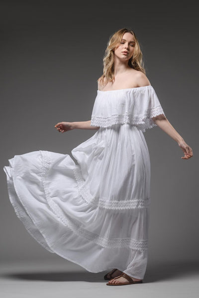 Bohemian white cotton romantic double layered open elastic round neckline long dress