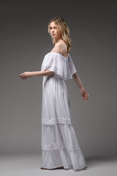 Bohemian white cotton romantic double layered open elastic round neckline long dress