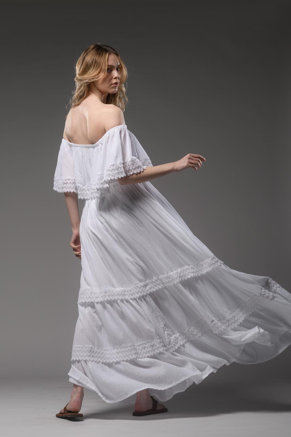Bohemian white cotton romantic double layered open elastic round neckline long dress